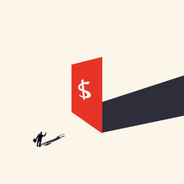 İş adamı dolar işaretine bakar. Minimalizmin stili. Vektör illüstrasyonu