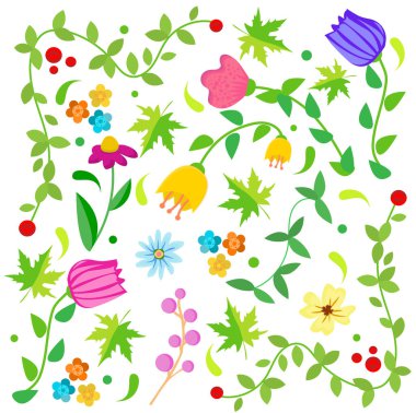 Çiçekler ve bitkiler düz bir şekilde dizilmiş. Çiçek takımı