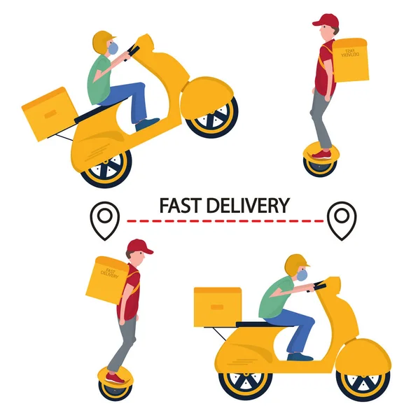Hızlı teslimat - çevrimiçi dağıtım hizmeti, online sipariş izleme konsepti, hoverboard ve scooter ile ev ve ofis teslimatı. Kurye. Vektör