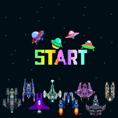   Arcade Retro video oyunu, 8 bit, atari salonu savaş gemileri, çekim, harita geçmişi. Yıldızların altında savaşıyor. Eski bilgisayar oyunları.