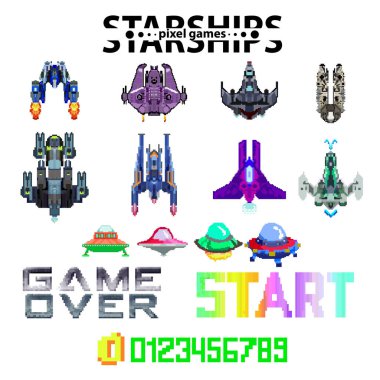   Arcade Retro video game, 8 bit, arcade warships, shooting, map background. Battles under the stars. Old computer games. clipart
