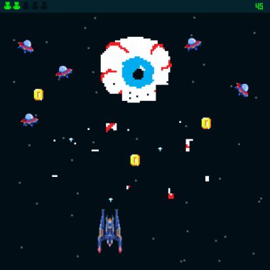   Arcade Retro video oyunu, 8 bit, atari salonu savaş gemileri, çekim, harita geçmişi. Yıldızların altında savaşıyor. Eski bilgisayar oyunları.