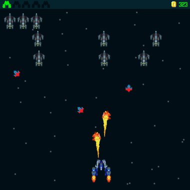   Arcade Retro video oyunu, 8 bit, atari salonu savaş gemileri, çekim, harita geçmişi. Yıldızların altında savaşıyor. Eski bilgisayar oyunları.