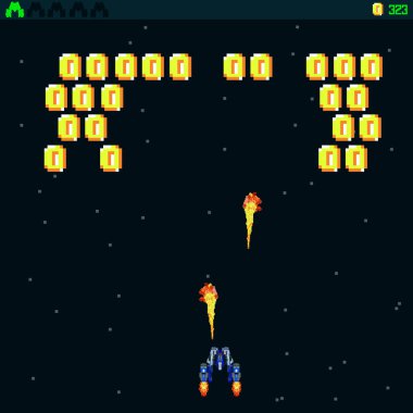   Arcade Retro video oyunu, 8 bit, atari salonu savaş gemileri, çekim, harita geçmişi. Yıldızların altında savaşıyor. Eski bilgisayar oyunları.