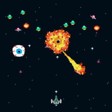 Pixel sanat stili UFO savaş atari oyunu. şablon. Piksel patlaması ve uzay gemisi. Moda 90 'lardan esinlenmiş 8-bit retro bir oyun. Uzay yeri. Yıldızların altında savaşıyor. Eski bilgisayar oyunları. vektör