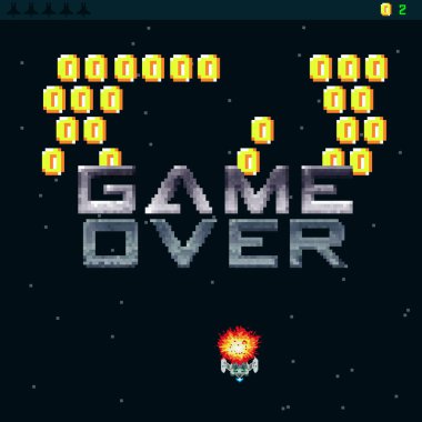 Pixel sanat stili UFO savaş atari oyunu. şablon. Piksel patlaması ve uzay gemisi. Moda 90 'lardan esinlenmiş 8-bit retro bir oyun. Uzay yeri. Yıldızların altında savaşıyor. Eski bilgisayar oyunları. vektör