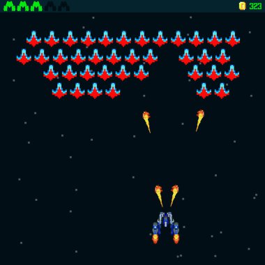   Arcade Retro video oyunu, 8 bit, atari salonu savaş gemileri, çekim, harita geçmişi, illüstrasyon. Yıldızların altında savaşıyor. Eski bilgisayar oyunları.