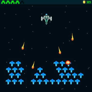 Arcade Retro video oyunu, 8 bit, atari salonu savaş gemileri, çekim, harita geçmişi, tasarım illüstrasyonu. Yıldızların altında savaşıyor. Eski bilgisayar oyunları.