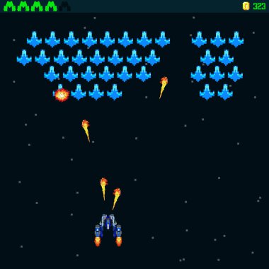Arcade Retro video oyunu, 8 bit, atari salonu savaş gemileri, çekim, harita geçmişi, tasarım illüstrasyonu. Yıldızların altında savaşıyor. Eski bilgisayar oyunları.