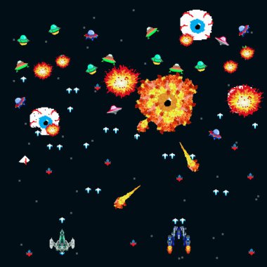 Retro video oyunlarında patron savaşı. Askeri gemiler atari salonu, çekim, harita geçmişi, vektör grafik tasarım çizimi. 16 bit, 8 bit. Uzay, yıldızların altında savaşır. Eski bilgisayar oyunları. Vektör