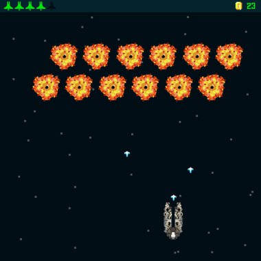 Arcade Retro video oyunu, 8 bit, atari salonu savaş gemileri, çekim, harita geçmişi, tasarım illüstrasyonu. Yıldızların altında savaşıyor. Eski bilgisayar oyunları.