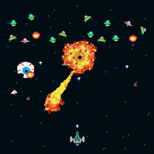 Pixel艺术风格Ufo太空战争街机游戏 Pixel爆炸和宇宙飞船 复古的8位游戏灵感来自90年代流行的90年代 空间位置 星空下的战斗旧电脑游戏 — 图库照片