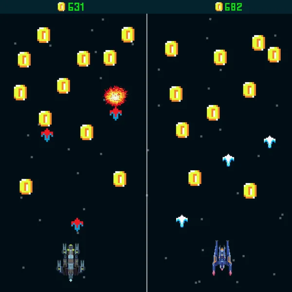 Pixel art style UFO space war arcade game. template. Pixel explosion and spaceship. A retro 8-bit game inspired by the trendy 90s. Space place. Battles under the stars. Old computer games.