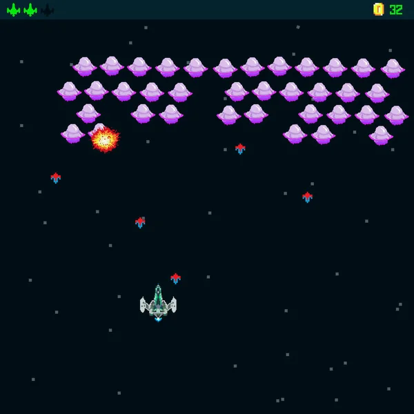 Pixel art style UFO space war arcade game. template. Pixel explosion and spaceship. A retro 8-bit game inspired by the trendy 90s. Space place. Battles under the stars. Old computer games.