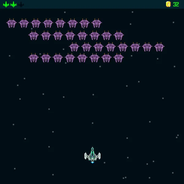 Pixel art style UFO space war arcade game. template. Pixel explosion and spaceship. A retro 8-bit game inspired by the trendy 90s. Space place. Battles under the stars. Old computer games.