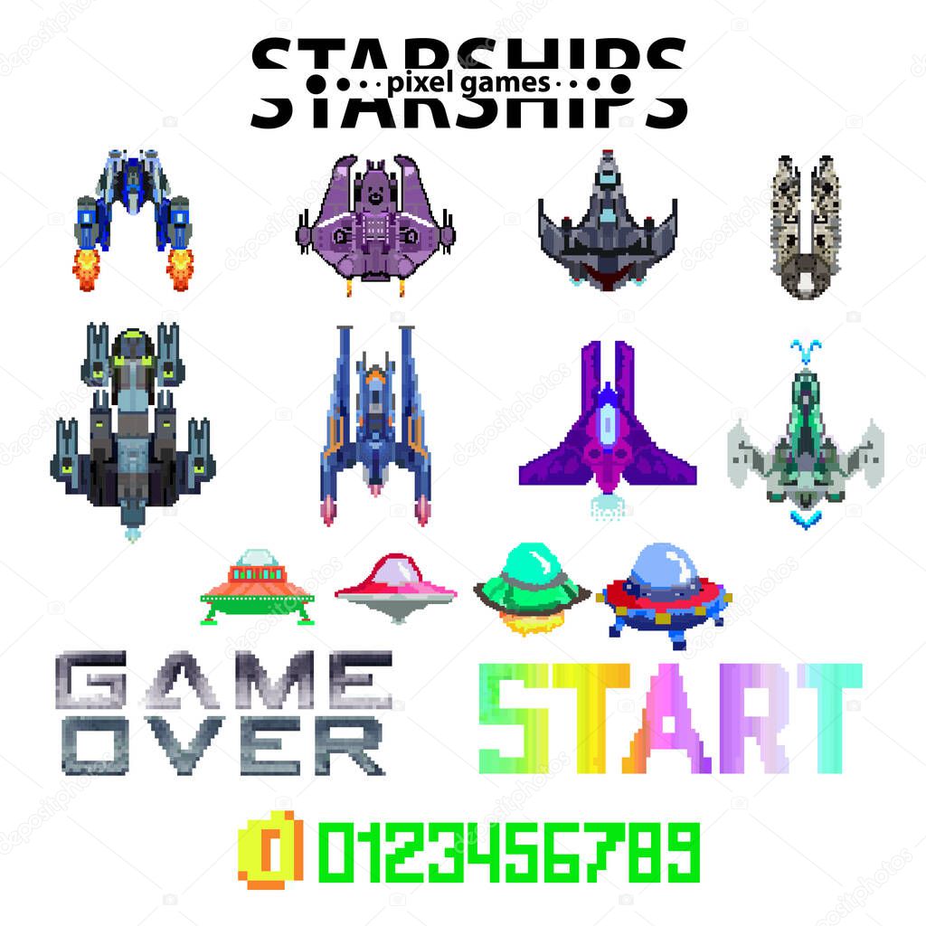   Arcade Retro video game, 8 bit, arcade warships, shooting, map background. Battles under the stars. Old computer games.