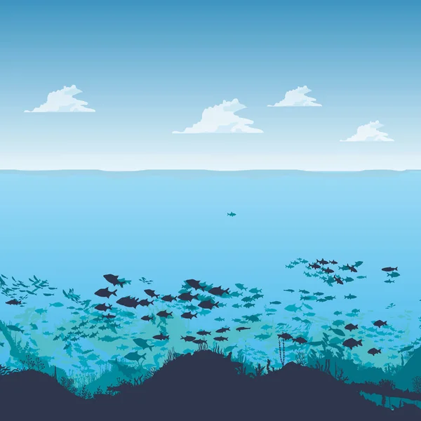 サンゴ礁の背景に魚や藻類のシルエット 水中の海のシーン 深い青色の水 サンゴ礁 水中植物 美しい水中シーンやサンゴ礁の海 — ストック写真