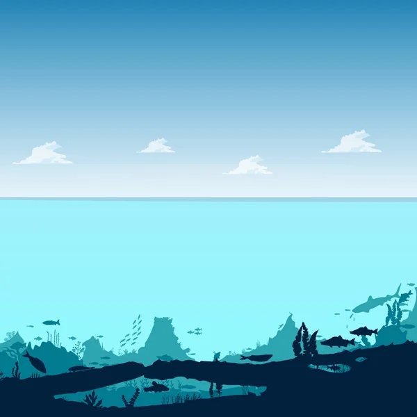 Силуэт Рыбы Водорослей Фоне Рифов Подводная Сцена Океана Глубокая Голубая — стоковое фото