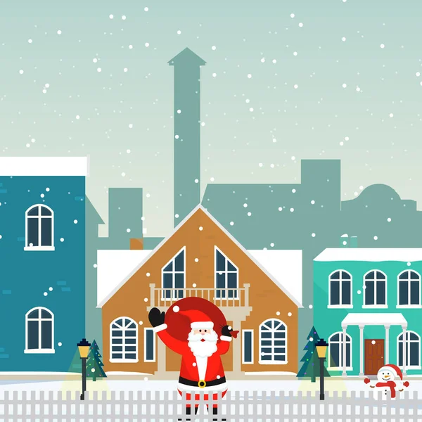 和圣诞老人在一起的冬季圣诞村风景 空间为您的文字 — 图库矢量图片