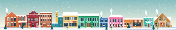 パノラマ 冬の都市景観とのシームレスな境界線 居心地の良い街で雪の日 冬のクリスマスの村の風景 — ストックベクタ