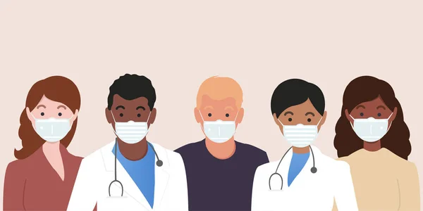 Skupina lidí s lékaři v lékařských maskách, aby se zabránilo onemocnění, chřipka. Virová ochrana. Doktoři chrání lidi. Vektorová ilustrace v plochém stylu — Stockový vektor