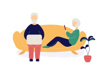 Dizüstü bilgisayar ve telefon ile yaşlı insanların çift