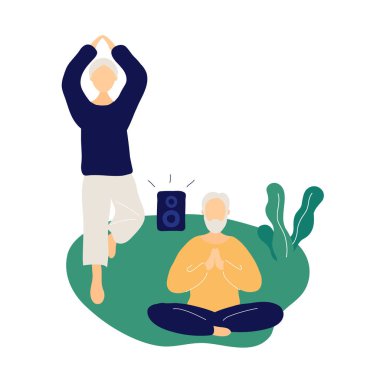 Yoga yapan ve meditasyon yapan yaşlı bir çift 