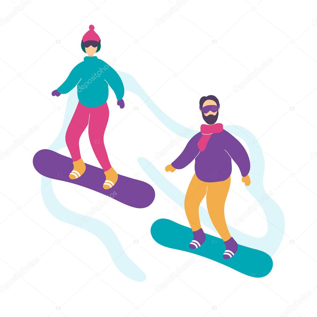 Cute modern young couple snowboarding