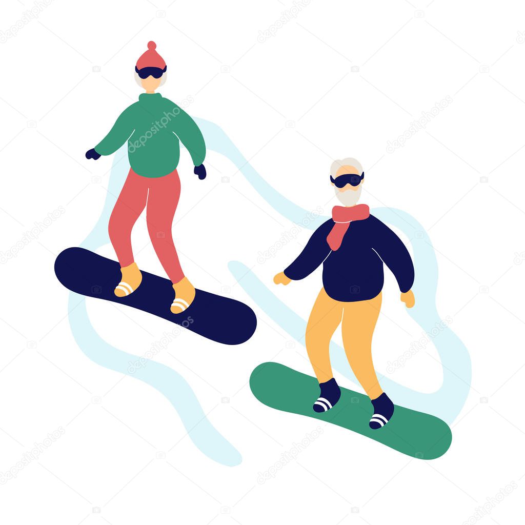 Couple of modern elderly people snowboarding
