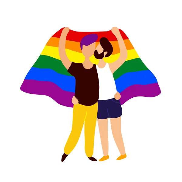 Δύο ομοφυλόφιλοι άνθρωποι φιλιούνται κάτω από τη σημαία του ουράνιου τόξου — Διανυσματικό Αρχείο
