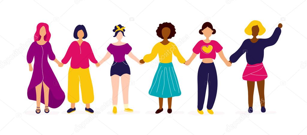 Interracial group of women holding hands.