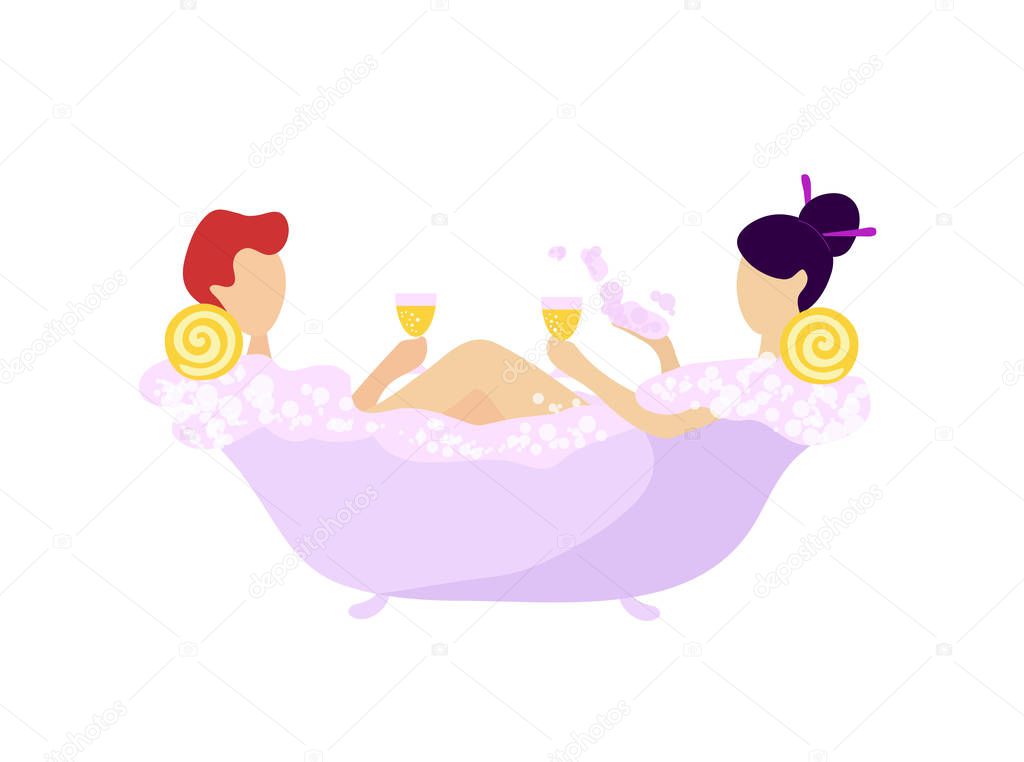 Romantic couple drinking wine in bubbled bathtub
