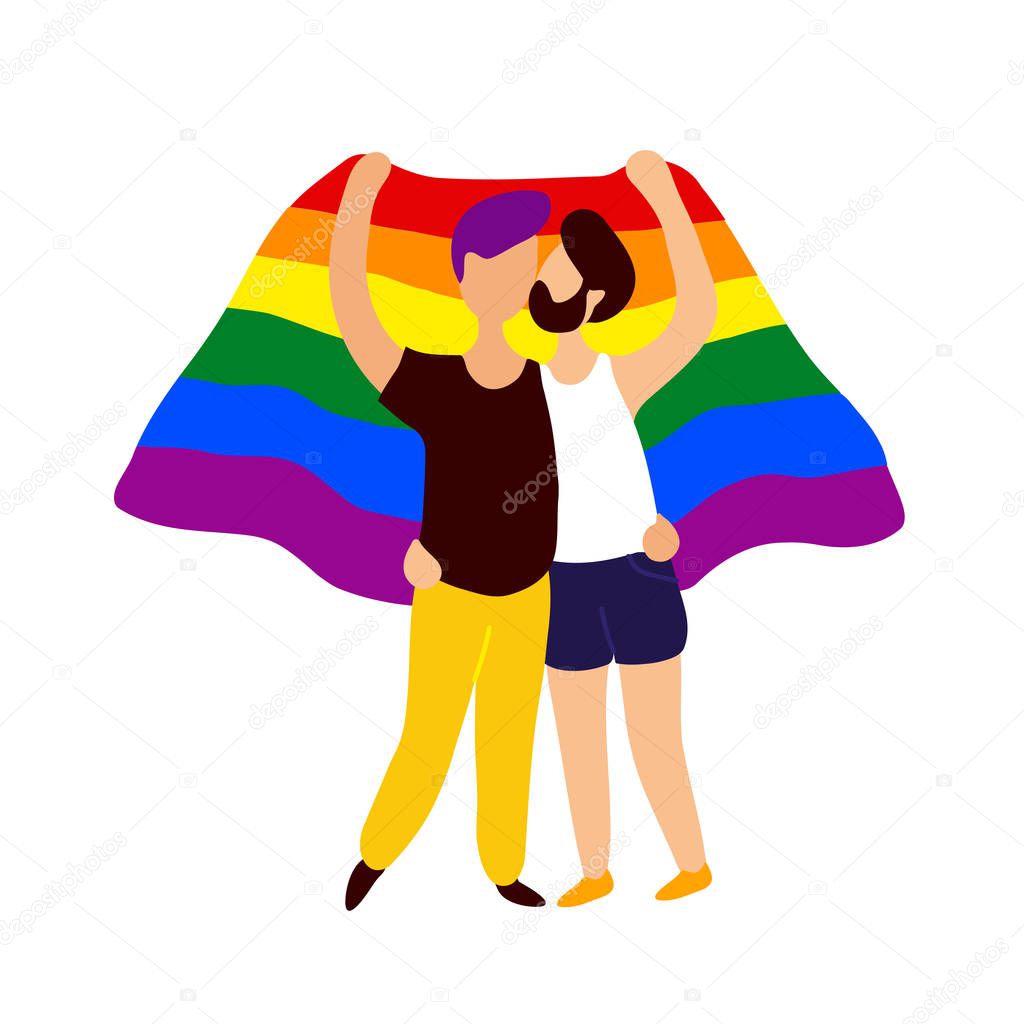 Two gay people kissing under rainbow flag