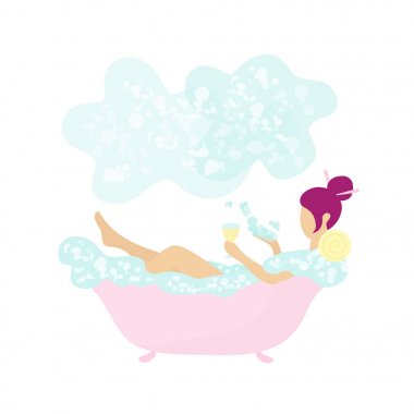 Genç bir kadın banyo yapıyor ve şarap içiyor.