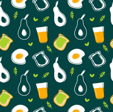 Avokado, kızarmış yumurta, tost ve meyve suyu dikişsiz desen