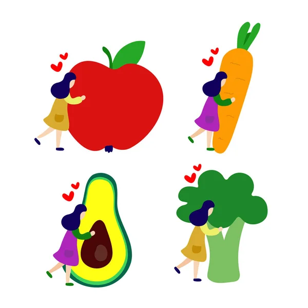Dziewczyna uściski duże jabłko, marchew, awokado, brokuły zestaw — Wektor stockowy