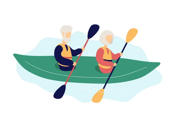 Couple of modern elderly people kayaking — Stock Vector