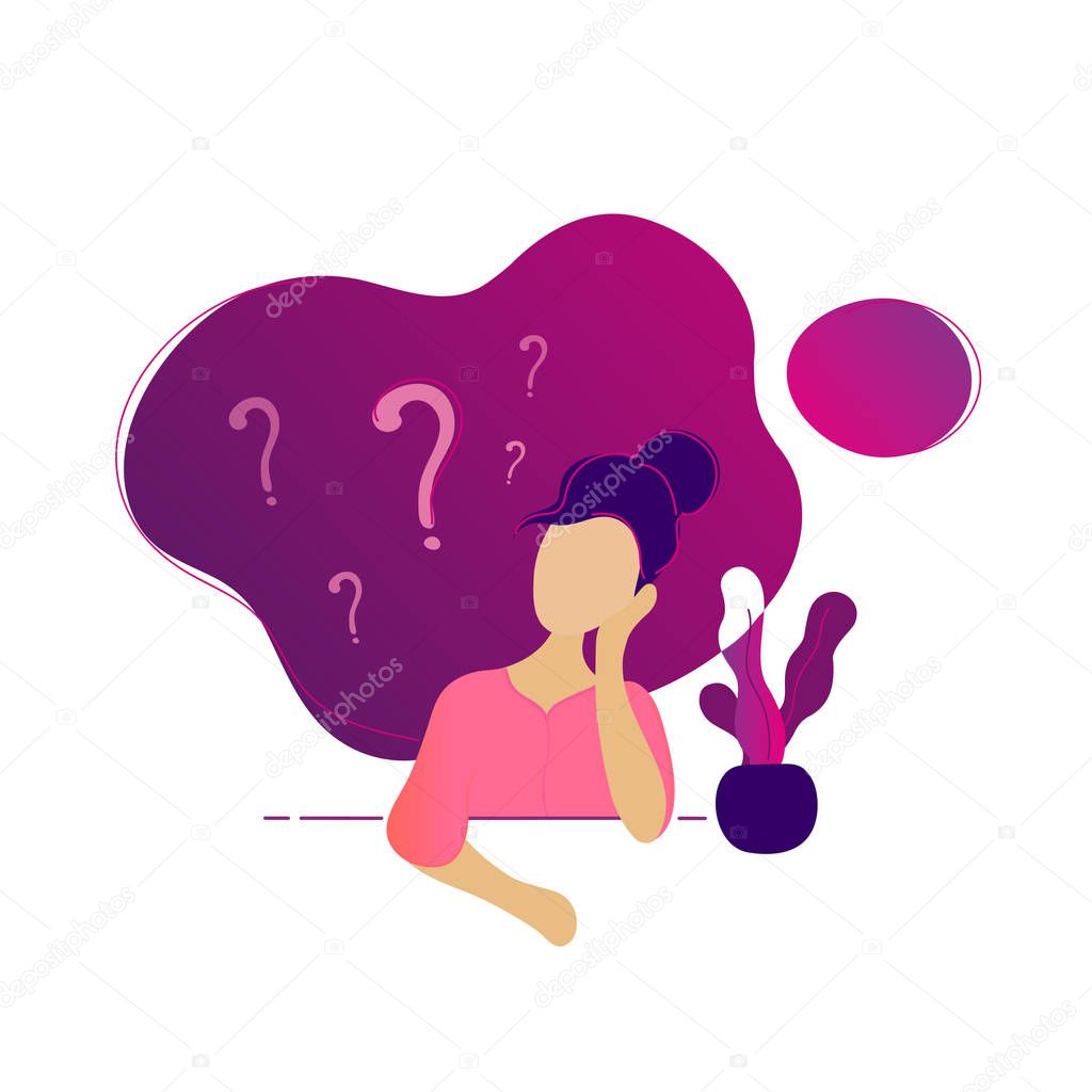 Young beauty woman thinking under question marks