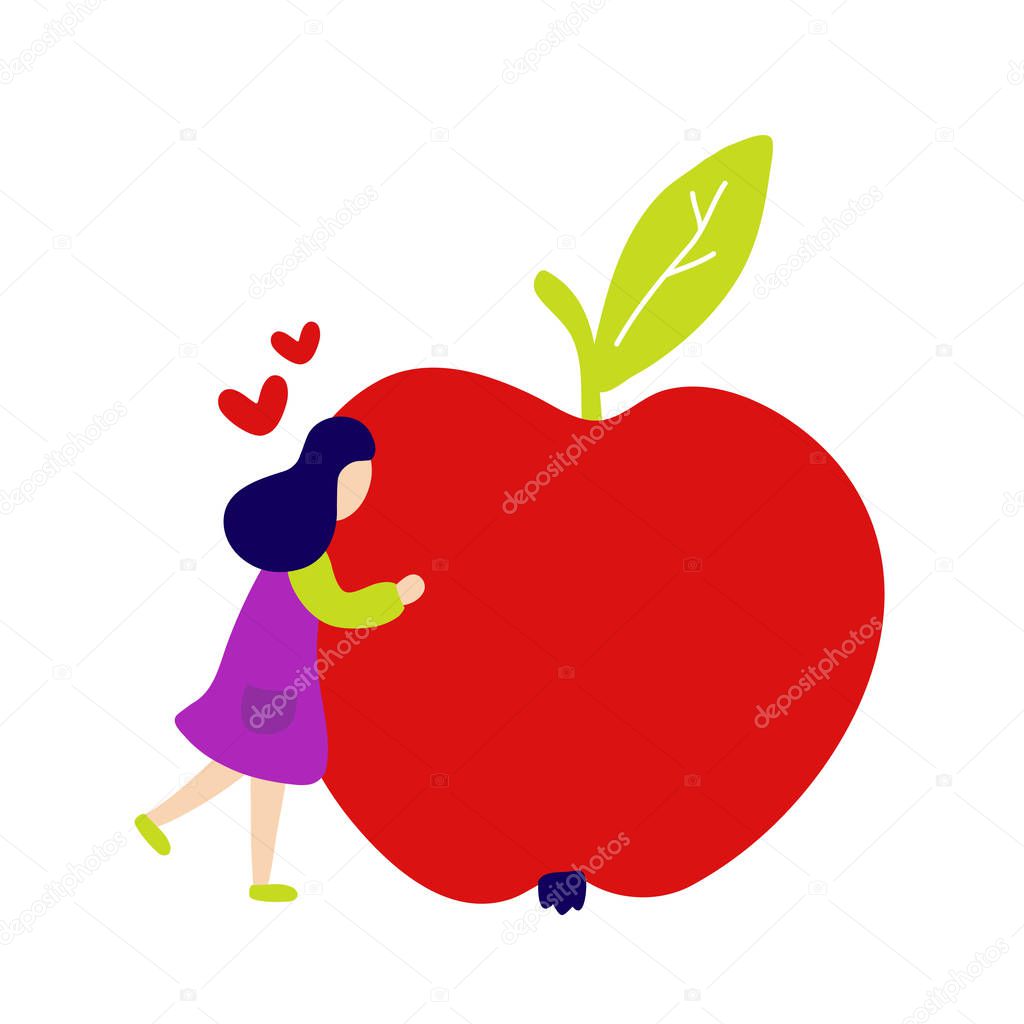 Girl hugging big red apple