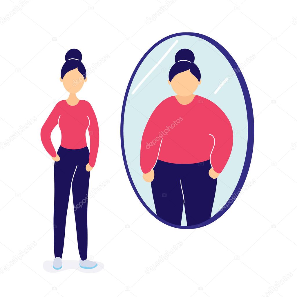 Slim woman seeing herself fat in mirror
