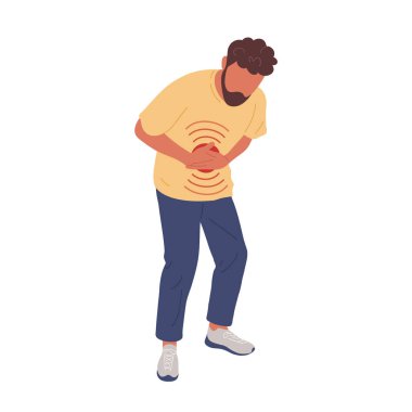 Sick man with stomachache touching belly clipart