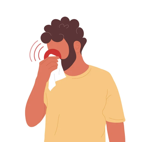 Young man blowing nose into handkerchief — Stock Vector
