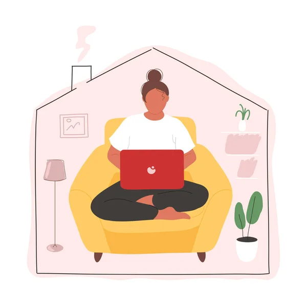 Kvinnan sitter i fåtölj med laptop i knät — Stock vektor