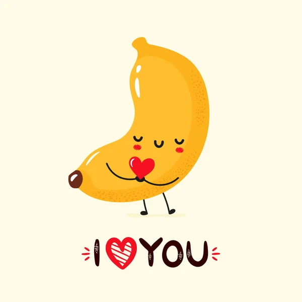 Χαριτωμένο χαμόγελο μπανάνα κρατώντας την καρδιά στα χέρια — Διανυσματικό Αρχείο