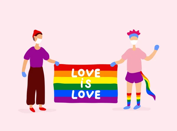 Due gay in maschere mediche con bandiera arcobaleno — Vettoriale Stock