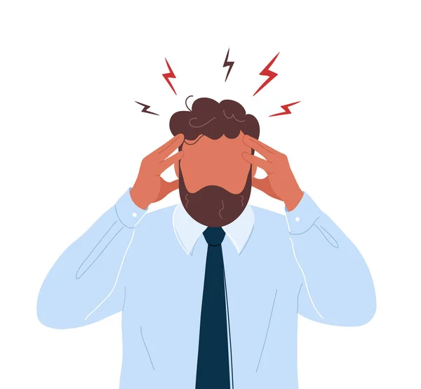 Pracownik biurowy z bólem głowy dotykającym jego głowy — Wektor stockowy
