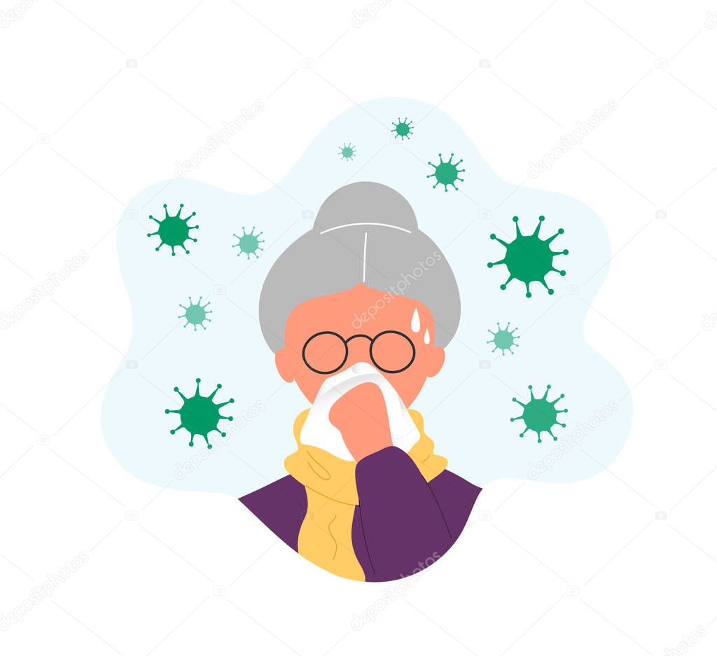 Old lady blowing nose surrounded by coronaviruses