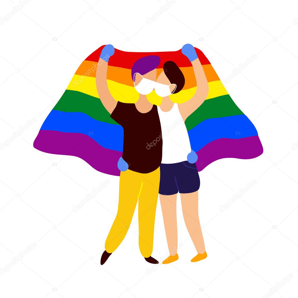 Two gays in masks kissing under rainbow flag