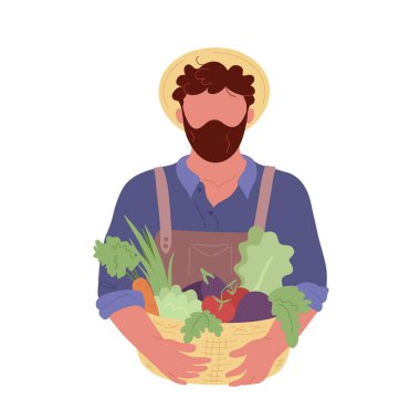 Sepet dolusu sebzeli şapkalı çiftçi.