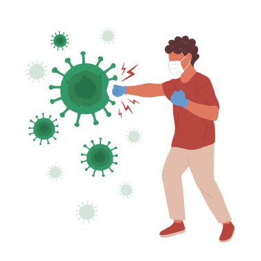 Tıbbi maskeli ve eldivenli bir adam koronavirüsü yumrukluyor.